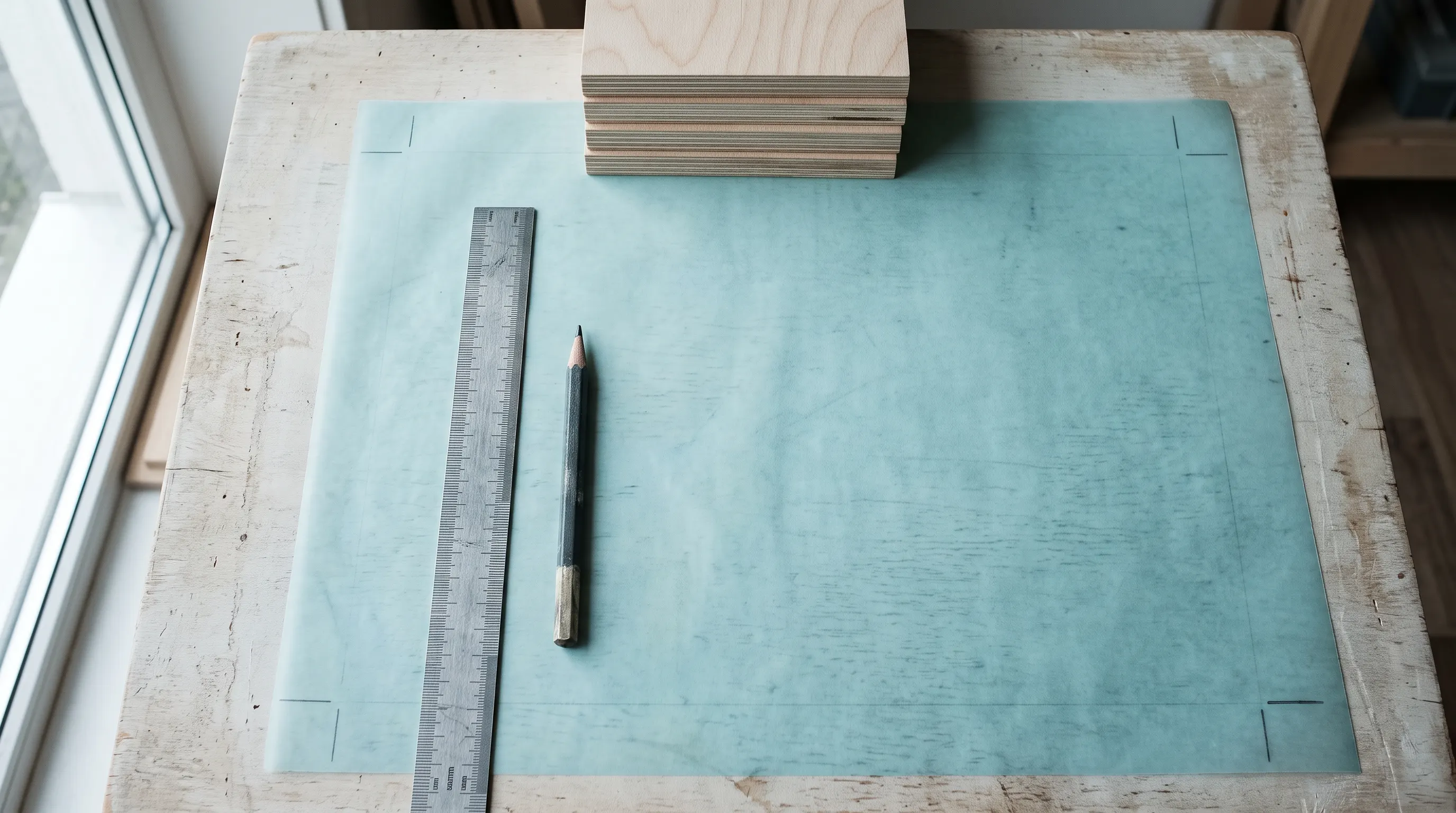 Tracing film on a drawing board with a millimetre ruler, graphite pencil and birch plywood.